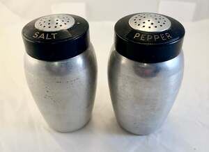 Vintage Kromex Aluminum Salt and Pepper Shakers with Black Lids